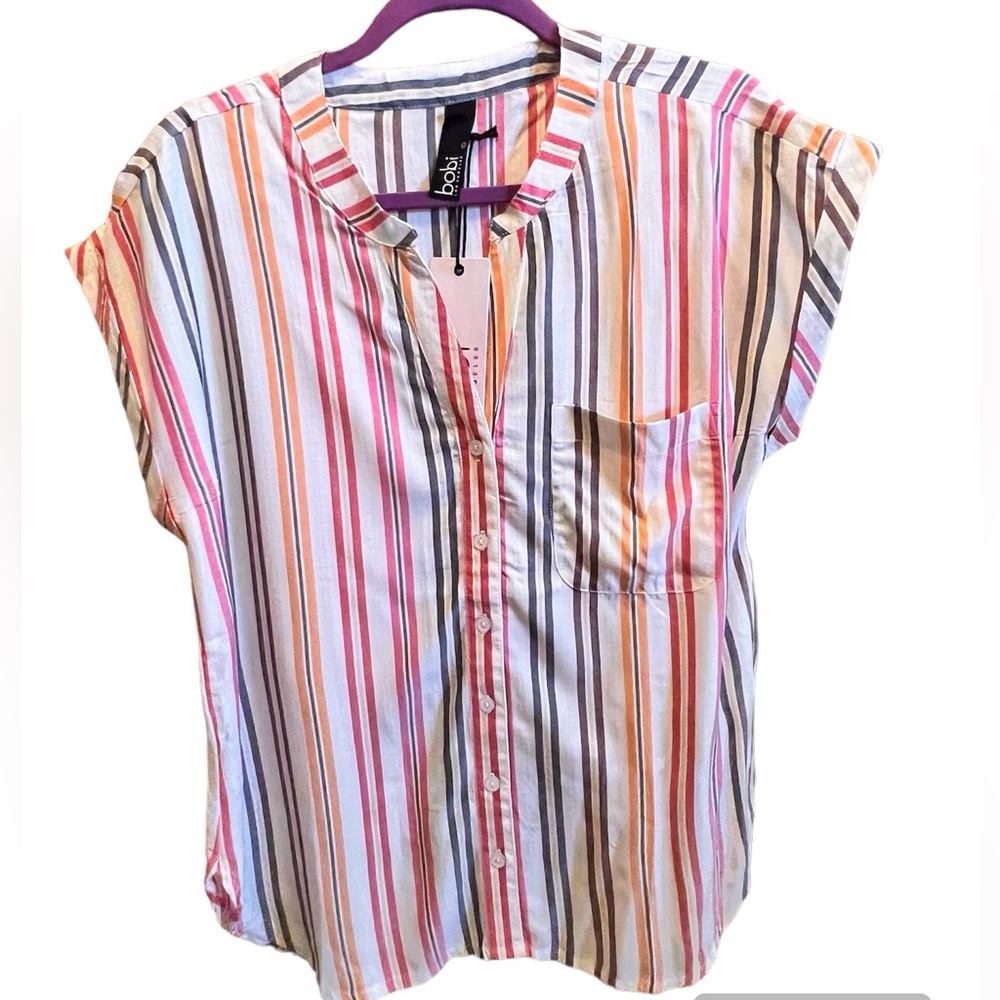 NWT Bobi Rolled Sleeve Striped Button Up Shirt